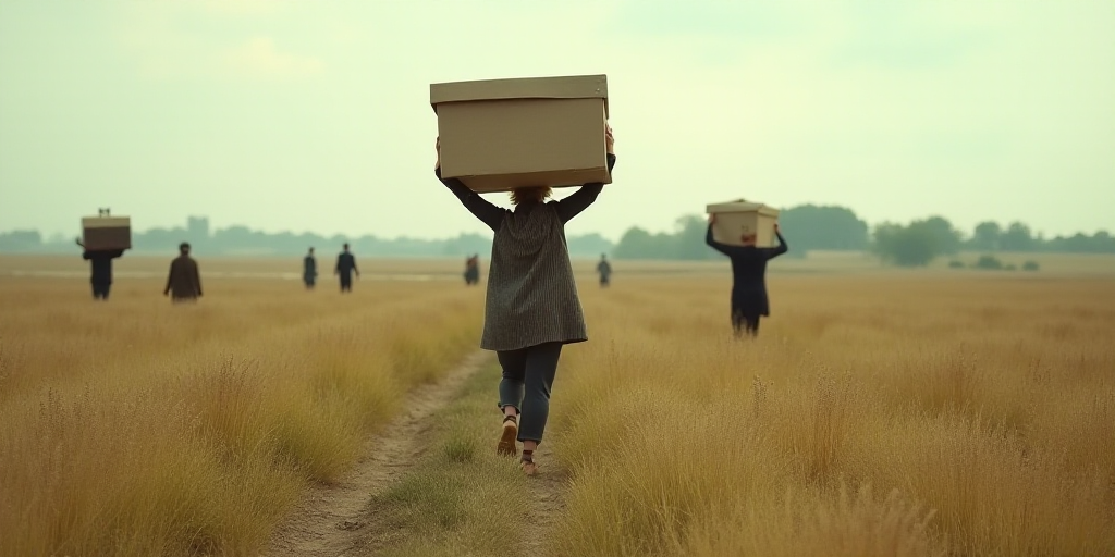 a woman walking through a field carrying a box on her back and a box on her shoulder, with other peo