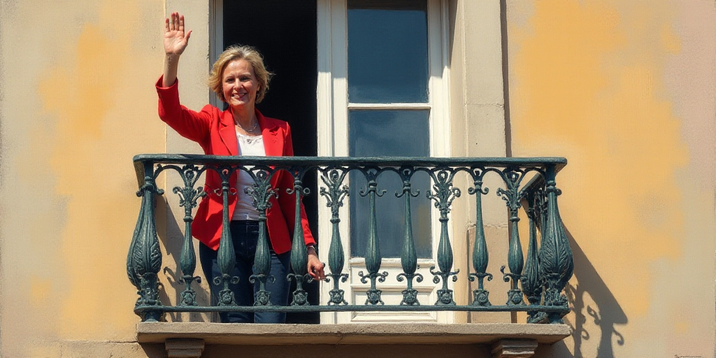 a woman waving from a balcony of a building with a wrought iron railing and a window behind her,, Ce