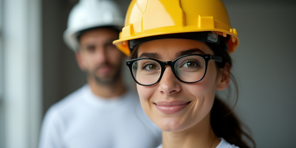 a woman wearing a hard hat and glasses in front of a man in a white shirt and a white helmet, Amelia