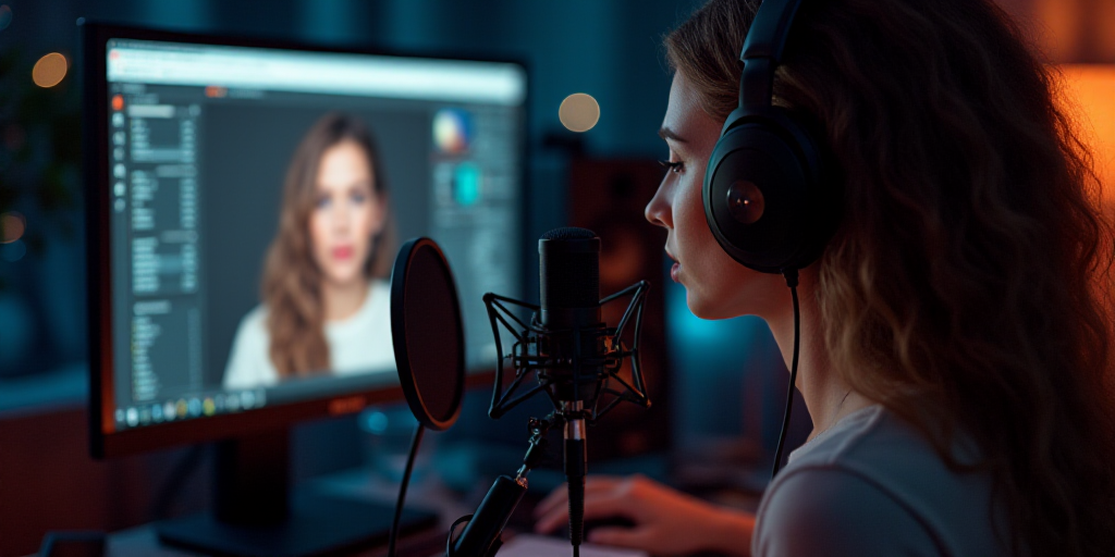a woman wearing headphones is recording a video on a computer screen and recording a song on a micro