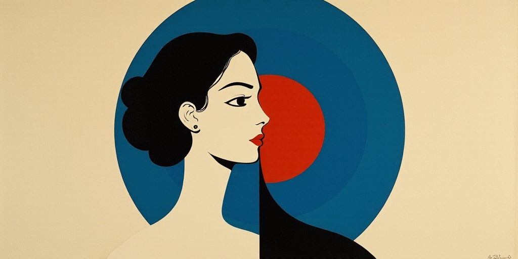 a woman with a black and blue circle around her head and a black and white background with a blue ci
