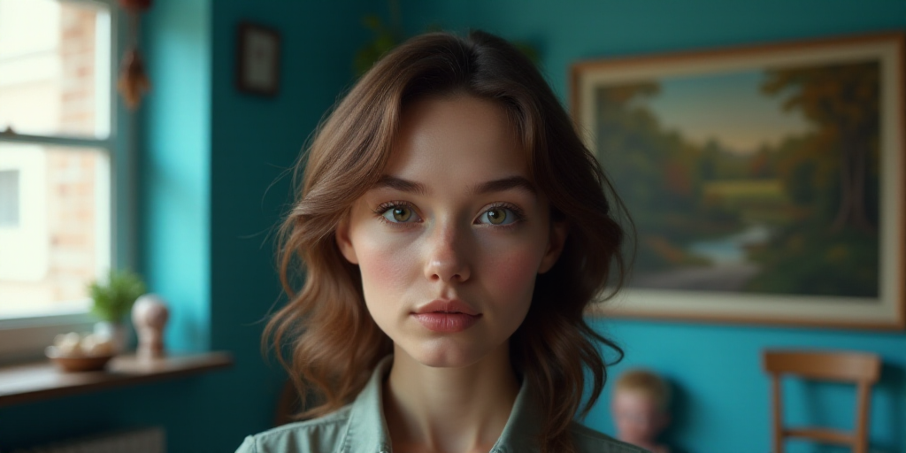 a woman with a bobble head and a painting behind her in a room with blue walls and a window, Adrienn