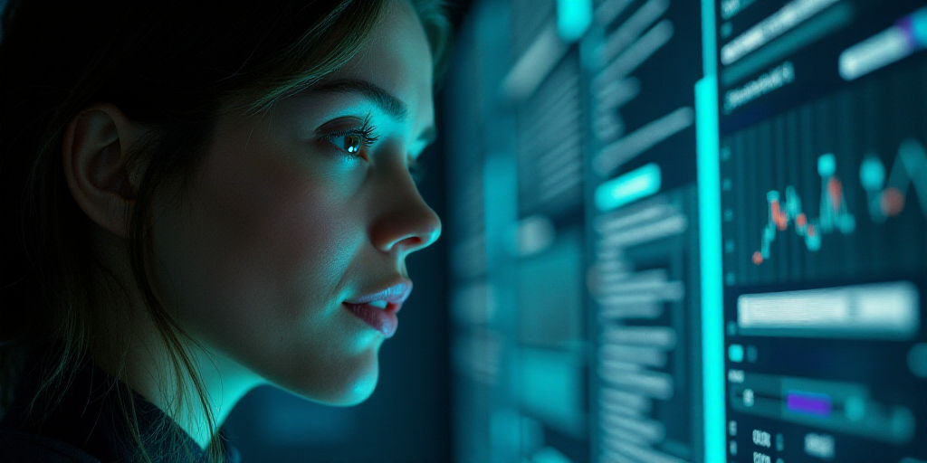 a woman with a futuristic interface in the background and a woman's face in the foreground with a gr