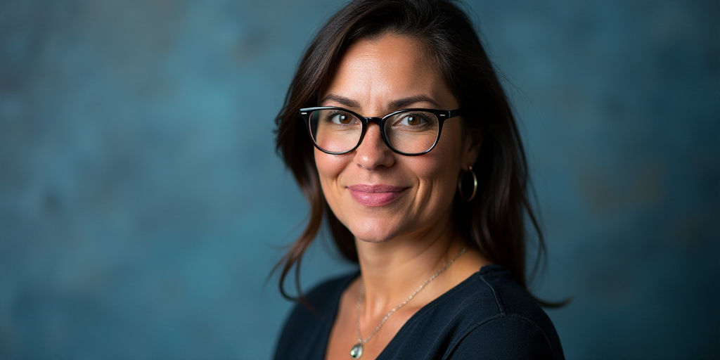 a woman with glasses and a pink lip is posing for a picture with a blue background and a gray backdr