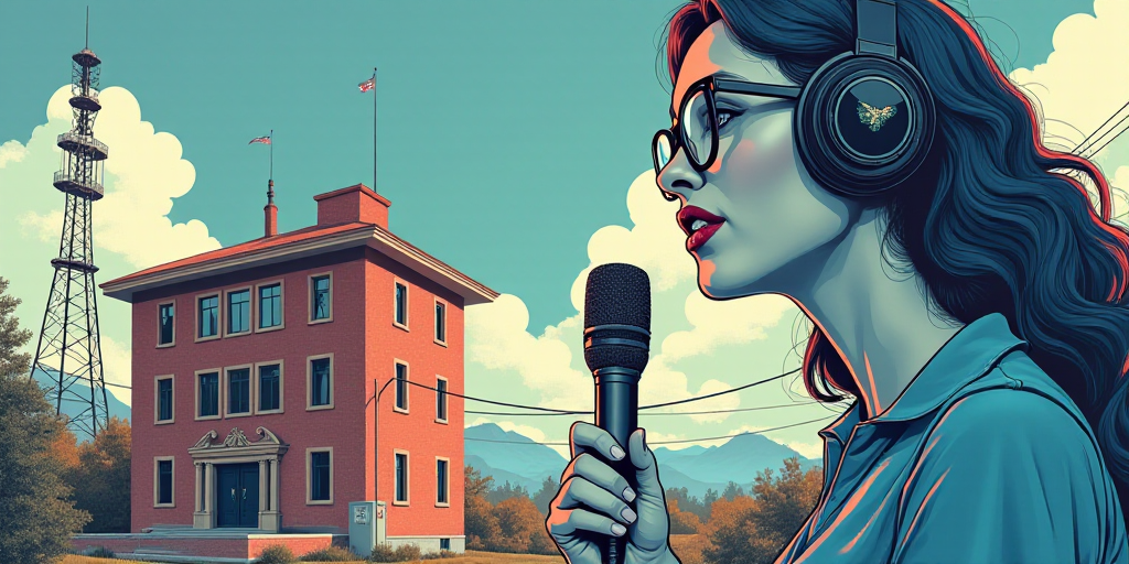 a woman with glasses is speaking into a microphone and a building with a radio tower in the backgrou