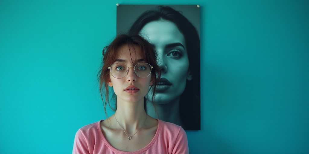 a woman with glasses standing in front of a blue background with a black and white photo of her face