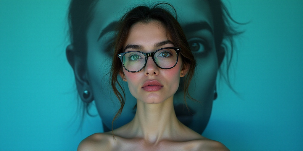 a woman with glasses standing in front of a blue background with a black and white photo of her face