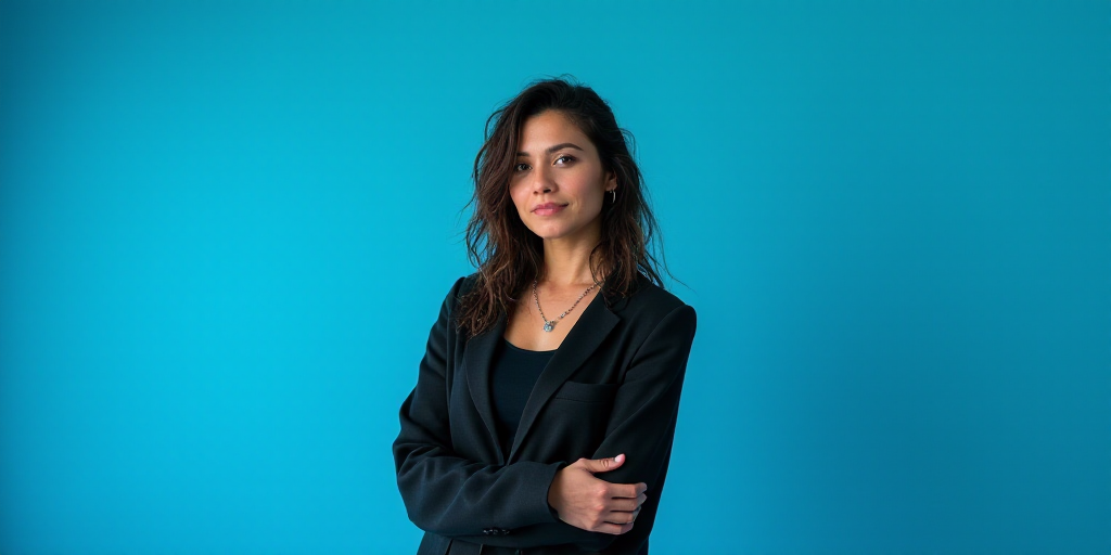 a woman with her arms crossed in front of a blue background with the words dra, carmen amezua, Ameli