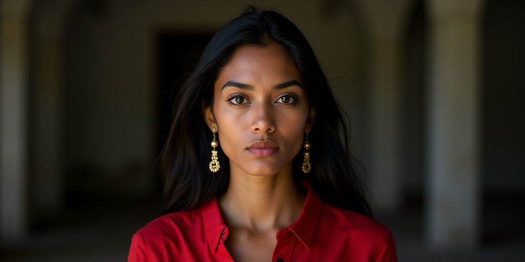 a woman with long black hair wearing a red shirt and earrings looking at the camera with a serious l