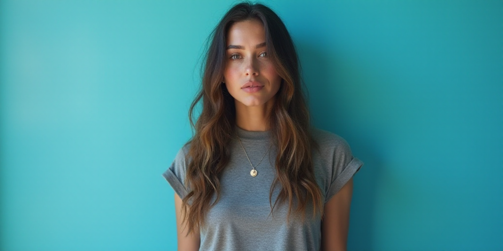 a woman with long hair and a gray shirt is standing in front of a blue background with a black and w