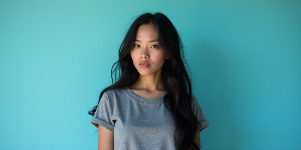 a woman with long hair and a gray shirt is standing in front of a blue background with a black and w