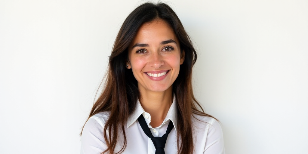 a woman with long hair and a tie on her neck is smiling at the camera with a white background, Eva G