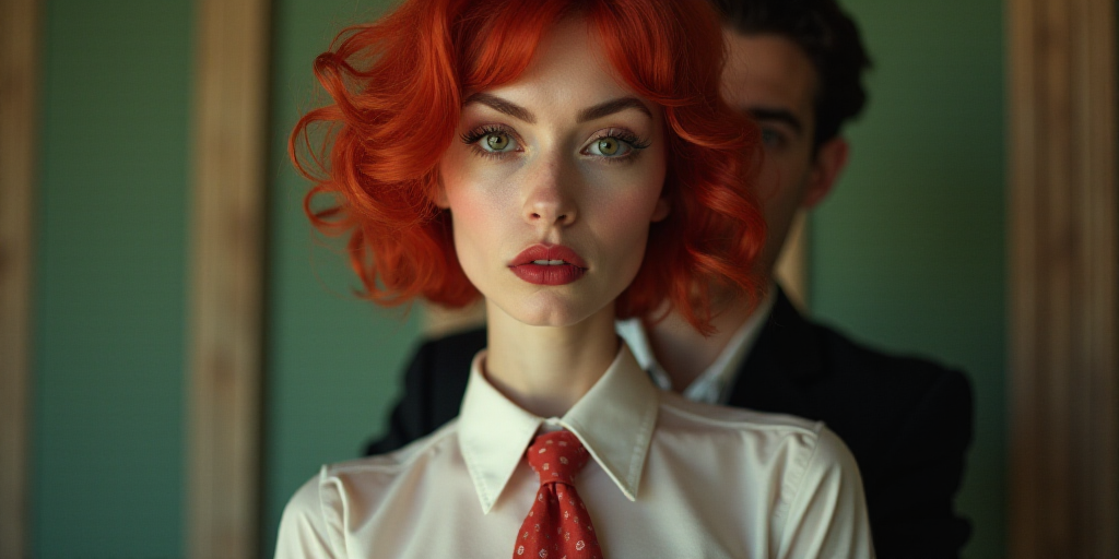 a woman with red hair and a tie on is looking at the camera and a man is behind her, Celia Fiennes,