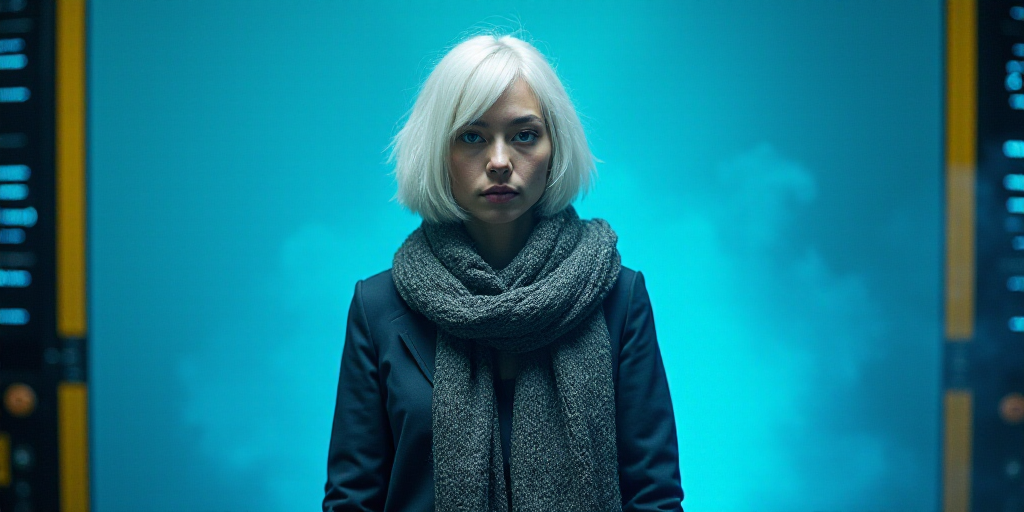 a woman with white hair and a scarf around her neck is standing in front of a blue background with a