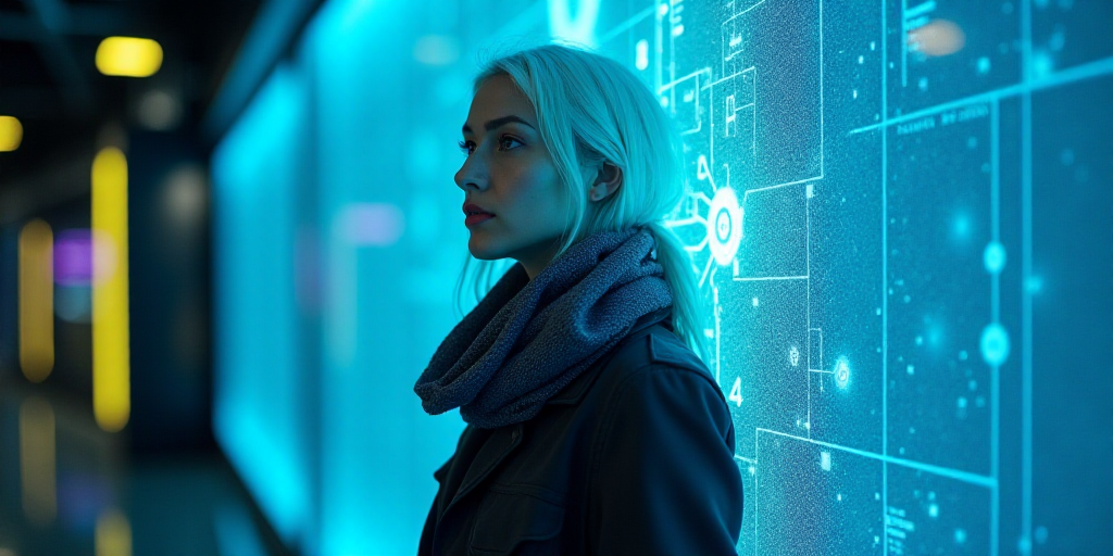 a woman with white hair and a scarf around her neck is standing in front of a blue background with a