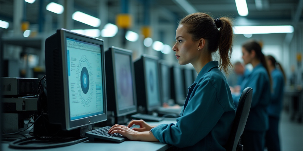 a woman working on a machine in a factory with other workers behind her looking at the machine scree