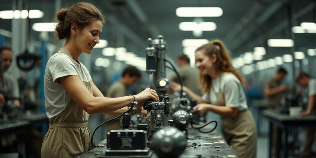 a woman working on a machine in a factory with other workers in the background looking on and smilin