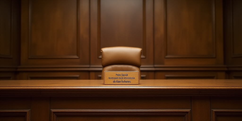a wooden judge's bench with a wooden judge's chair in front of it and a wooden sign that says poder