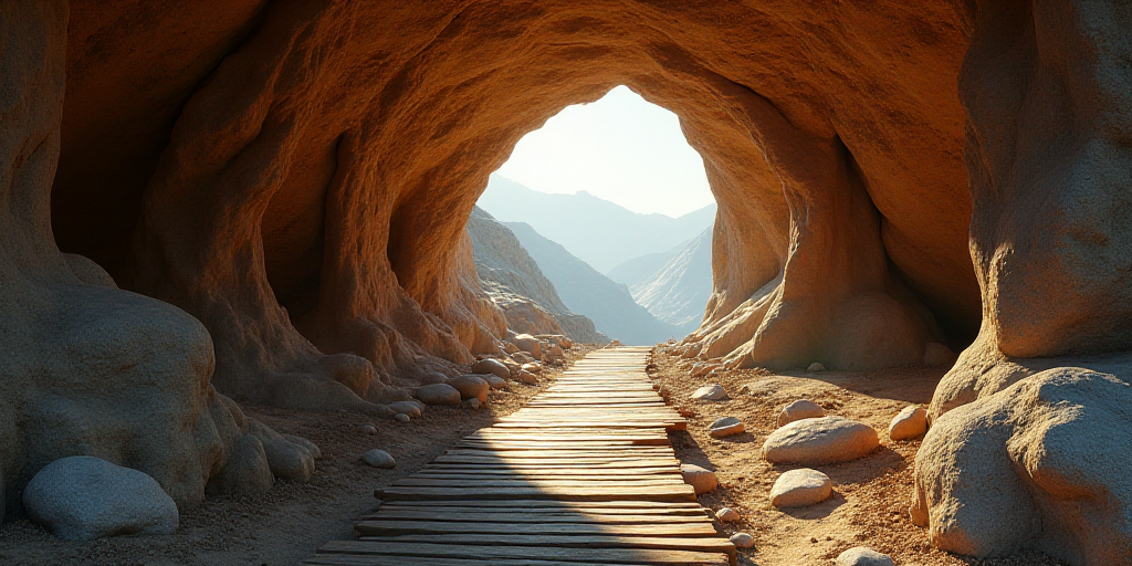 a wooden walkway leading to a cave entrance in a mountain area with a wooden walkway leading to a ca