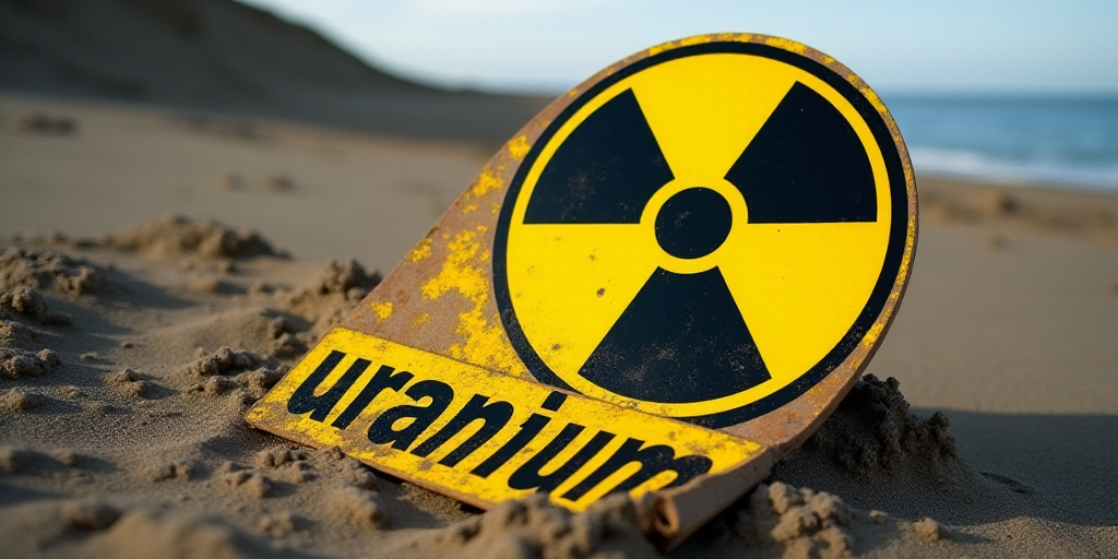a yellow and black sign that says,'uranium'on it's side on the ground, Aquirax Uno, u, a stock photo