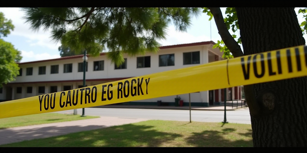 a yellow caution tape is in front of a tree and a building in the background with a building across