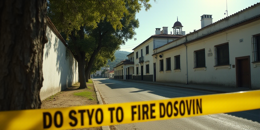 a yellow caution tape is in front of a tree and a building in the background with a building across