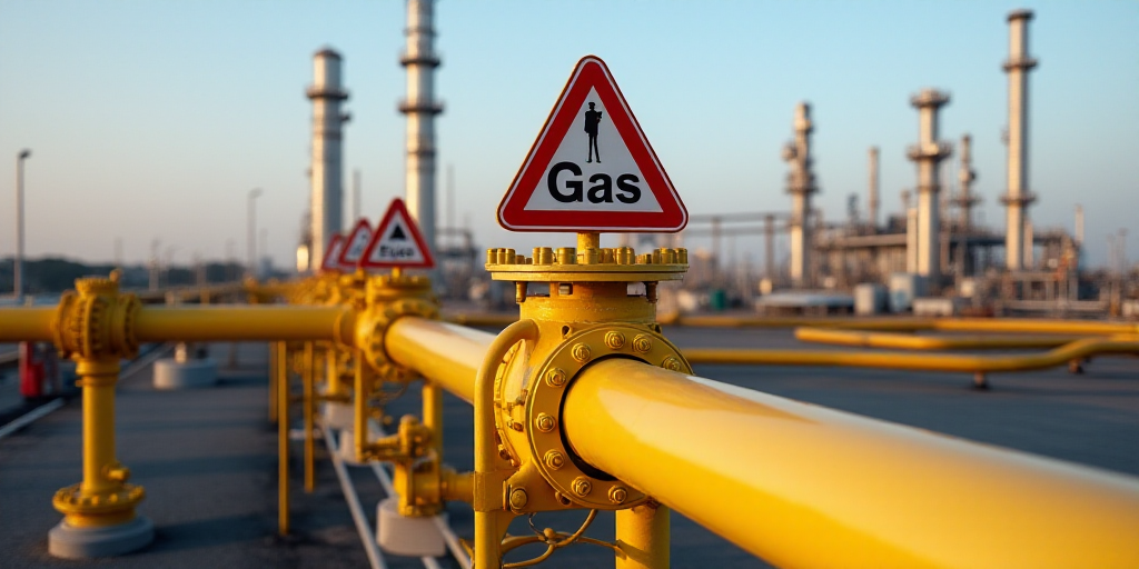 a yellow pipe is in front of a gas plant with pipes and pipes on it's sides and a red and white sign