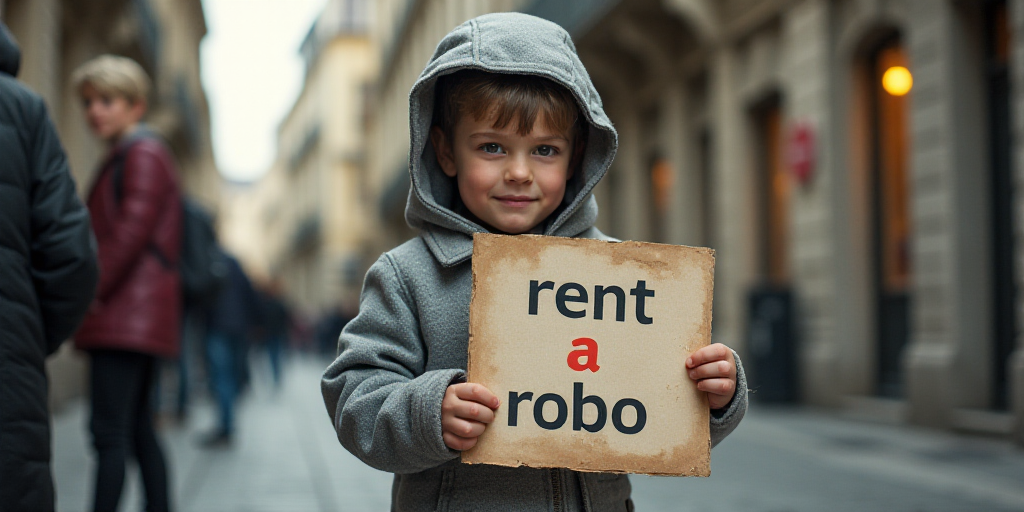 a young boy holding a sign in front of a building with a sign reading rent a robo and a sign reading
