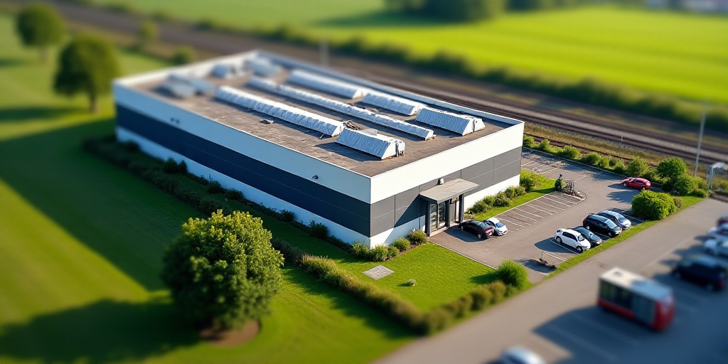 an aerial view of a building with a lot of parking spaces and a train track in the background and a