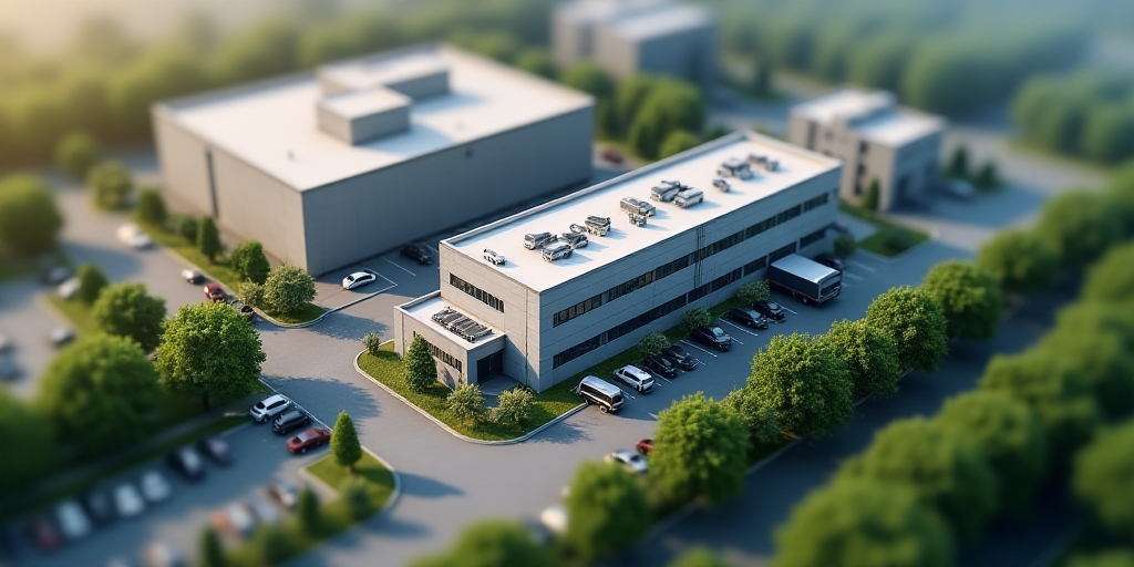 an aerial view of a factory building and surrounding buildings with a parking lot and a parking lot