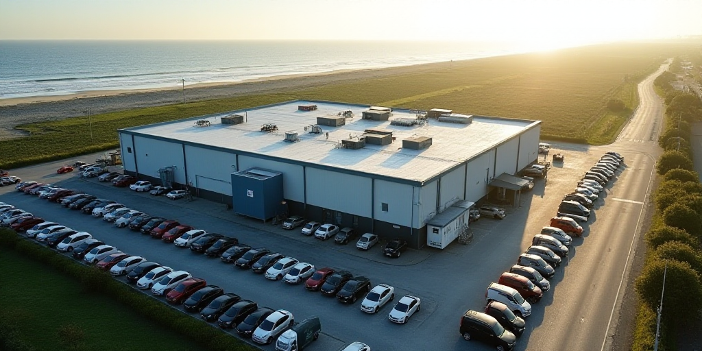 an aerial view of a factory building with a lot of cars parked in the lot behind it and a beach in t