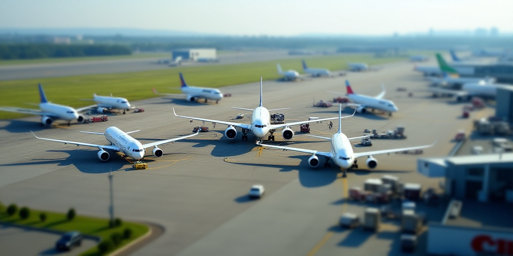 an aerial view of a large airport with many planes parked on the tarmac and in the background, a par