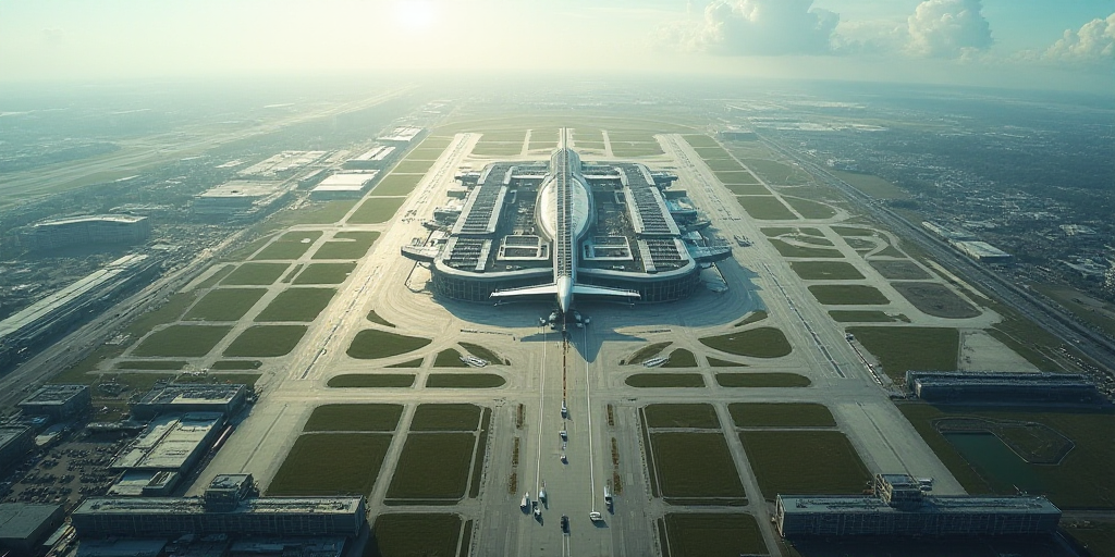 an aerial view of a large airport with many buildings and roads in it, and a few cars parked on the