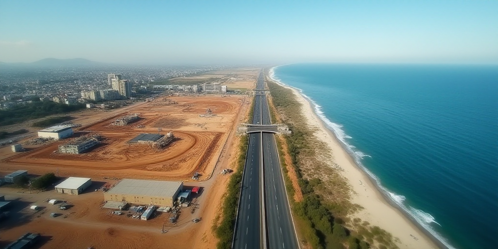 an aerial view of a large construction site near the ocean and a highway with a bridge in the middle