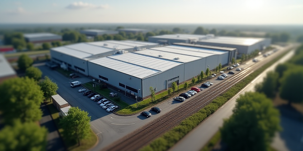 an aerial view of a large industrial building with a parking lot and a train track in front of it, E