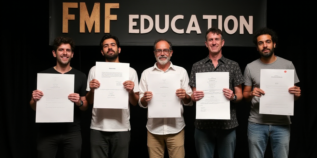 five men holding up papers in front of a black background with a white sign behind them that says fm