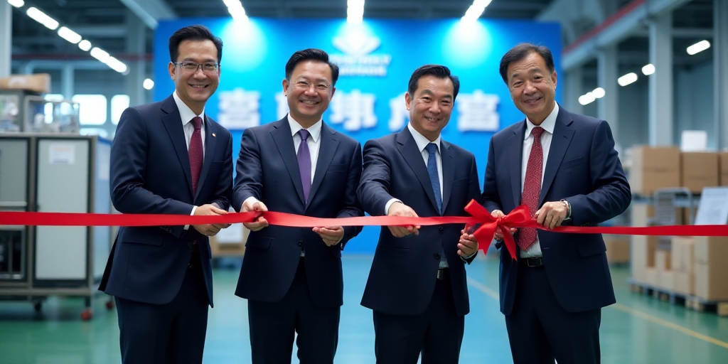 four men in suits and ties cutting a ribbon at a ribbon cutting ceremony in a factory with a backdro