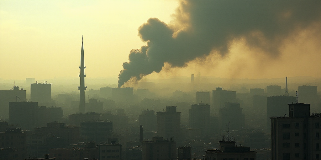 smoke billows from a building in the city of a city with buildings and smoke stacks in the backgroun
