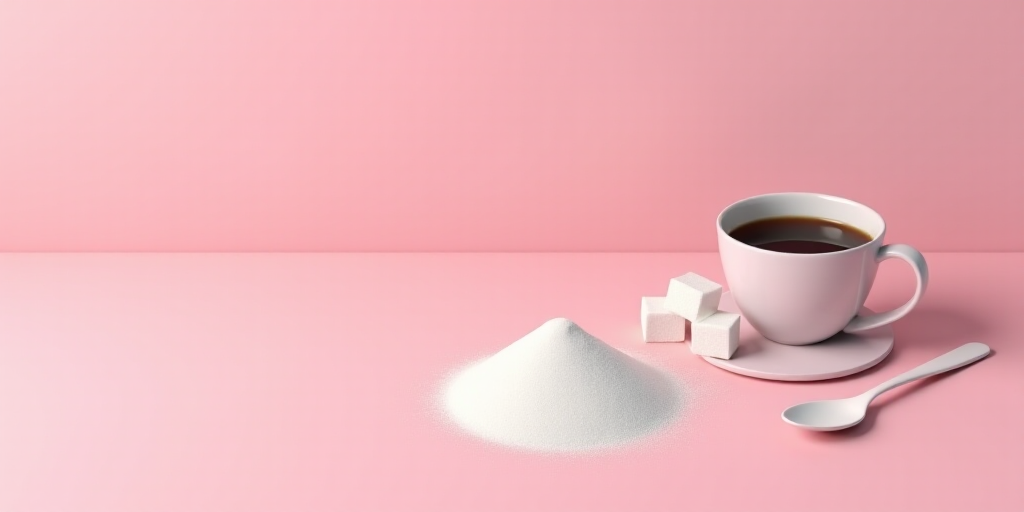 sugar and sugar cubes on a pink surface with a cup of coffee and spoon on the side of the table, Dor