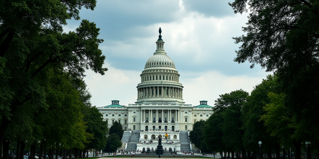 the capitol building is seen through the trees in washington, dc, on a cloudy day with a blue sky, A