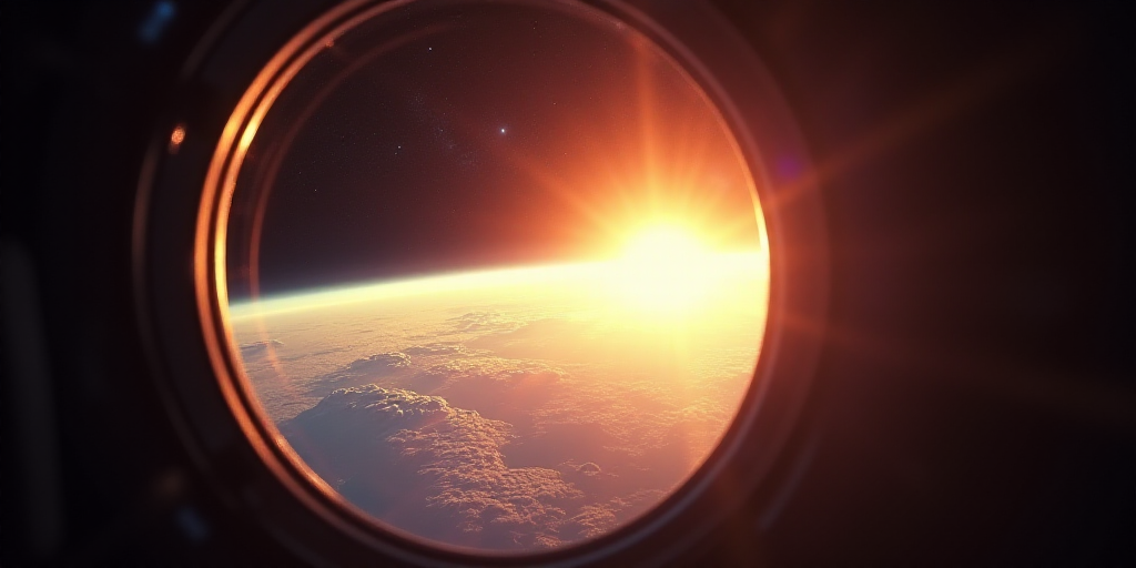 the sun shining over the earth from space shuttles window view of earth's horizon and horizon line,