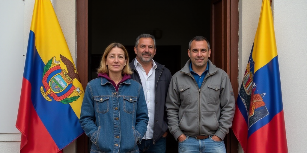 three men and a woman standing in front of a doorway with flags in the background and a doorway with