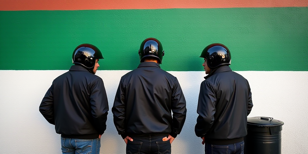 three men in black jackets and helmets standing next to a wall with a green and white backdrop and a