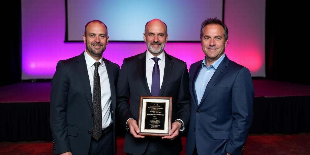 three men in suits and ties holding a plaque in front of a stage backdrop with a large screen behind