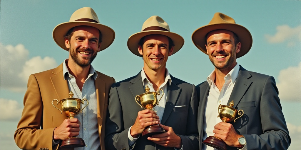 three men standing next to each other holding trophies in their hands and smiling at the camera whil