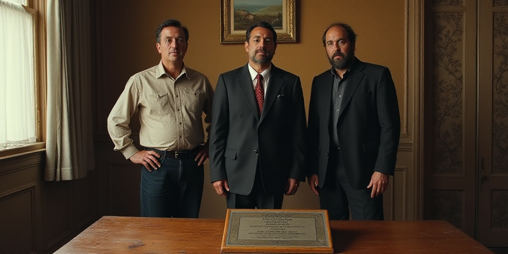 three men standing next to each other in a room with a table and a curtain behind them and a plaque