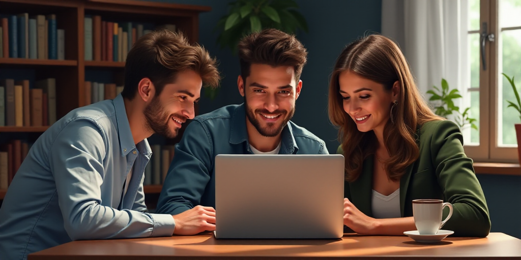 three people looking at a laptop screen together at a table in a room with a bookcase and a coffee c