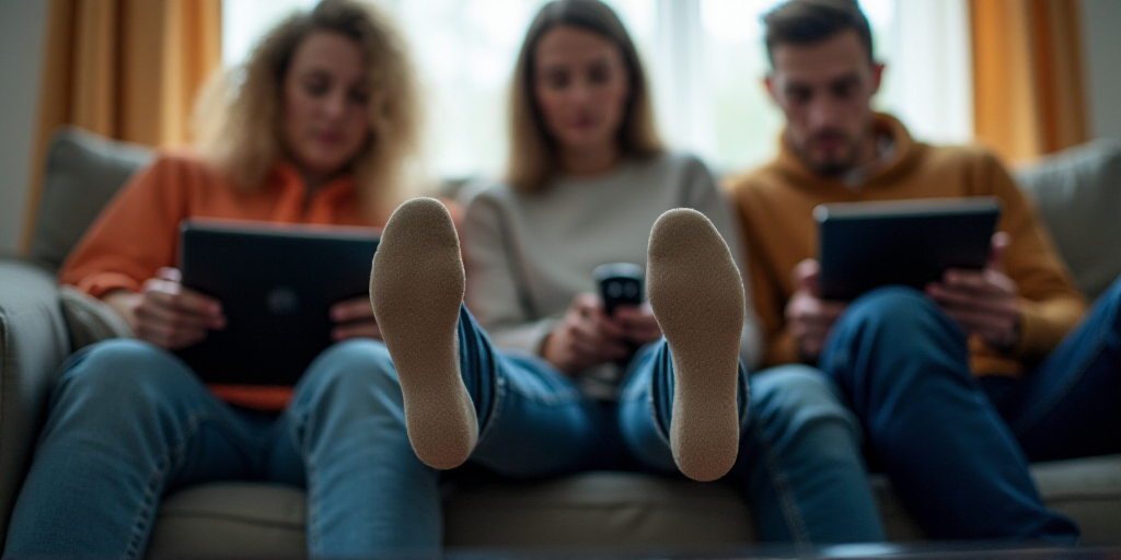 three people sitting on a couch with their feet up on a remote control and a tablet computer in thei
