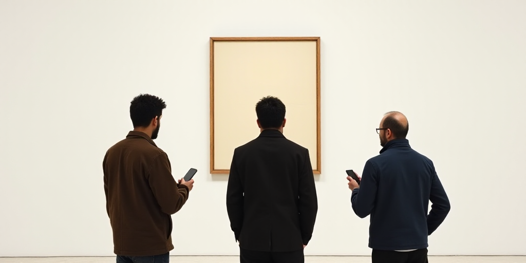 three people standing in front of a sign with a white background and a white wall behind them, one o