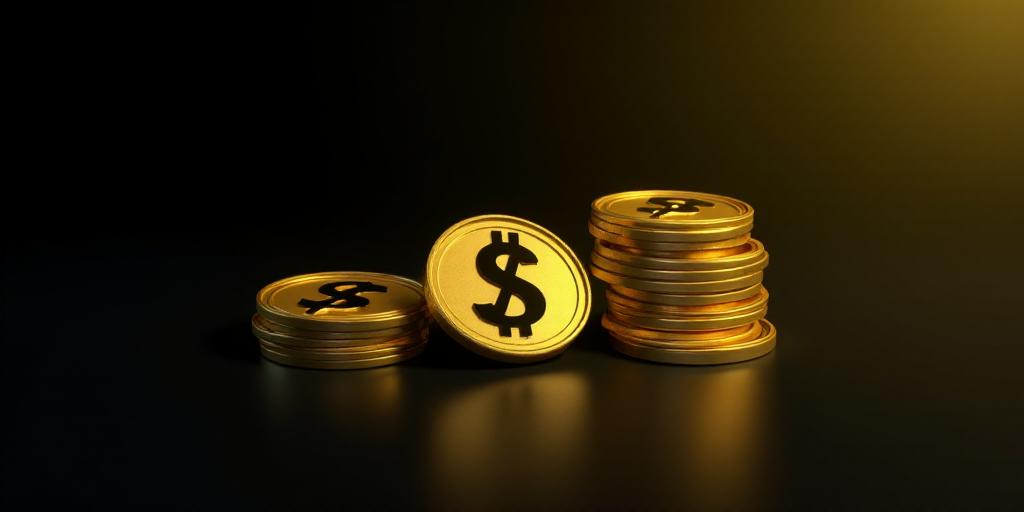 three stacks of gold and black coins with a dollar sign on them, against a black background with a y